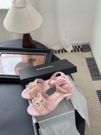 HIGH SANDALS IN PINK TWEED WITH LOGO STICKER DETAIL
