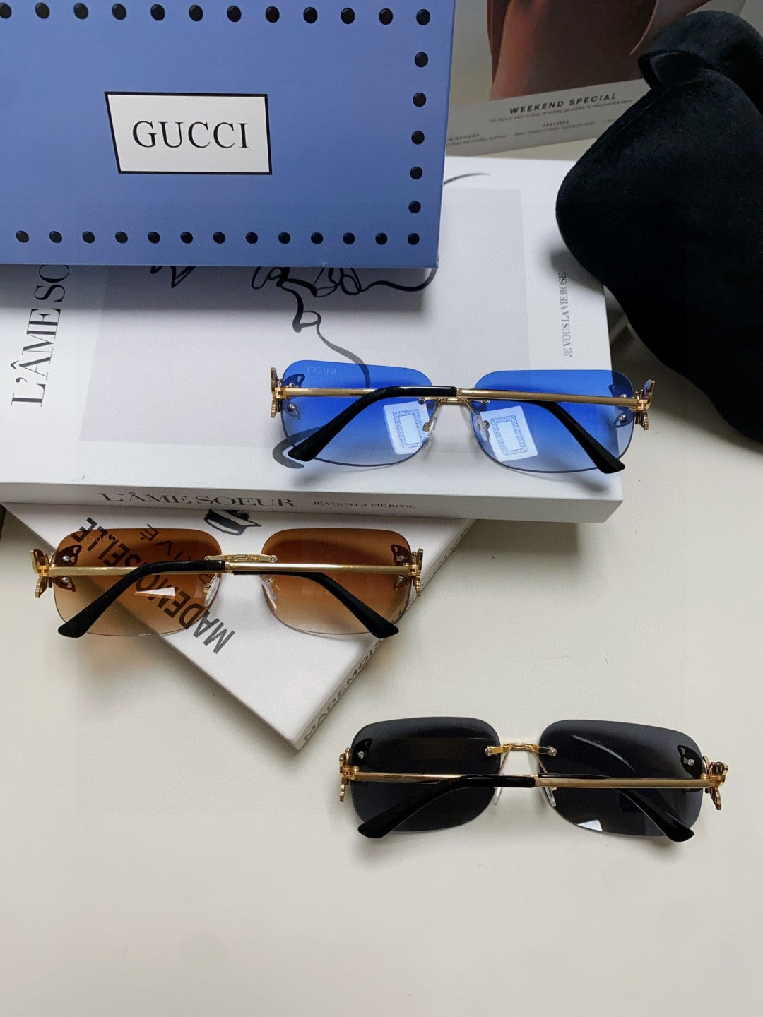 BUTTERFLY EMBELLISHED RIMLESS RECTANGULAR FRAME SUNGLASSES 570245 IN METAL