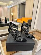 BALMAIN 25S HIGH HEELS LOGO RIBBON 95MM IN BLACK FULL SUEDE