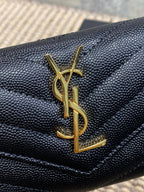 YSL GHW Logo Monogram Card Flap Wallet 13.5cm Black Caviar Cowhide
