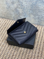 YSL GHW Logo Monogram Card Flap Wallet 13.5cm Black Caviar Cowhide