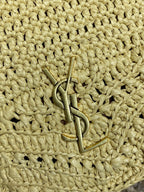 DRAWSTRING BUCKET BAG 19 IN BEIGE WOVEN RAFFIA AND CALFSKIN