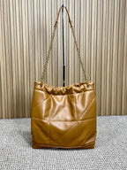 DRAWSTRING CHAIN STRAP SHOULDER BAG 39 IN TORTILLA BROWN QUILTED CALFSKIN