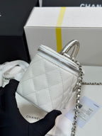 MINI VANITY TOP HANDLE CASE 17 IN WHITE CAVIAR SKIN SILVER-TONE PLATED METAL