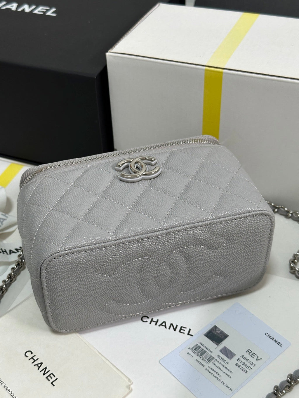 MINI VANITY TOP HANDLE CASE 17 IN GREY CAVIAR SKIN SILVER-TONE PLATED METAL