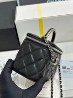 MINI VANITY TOP HANDLE CASE 17 IN BLACK CAVIAR SKIN SILVER-TONE PLATED METAL