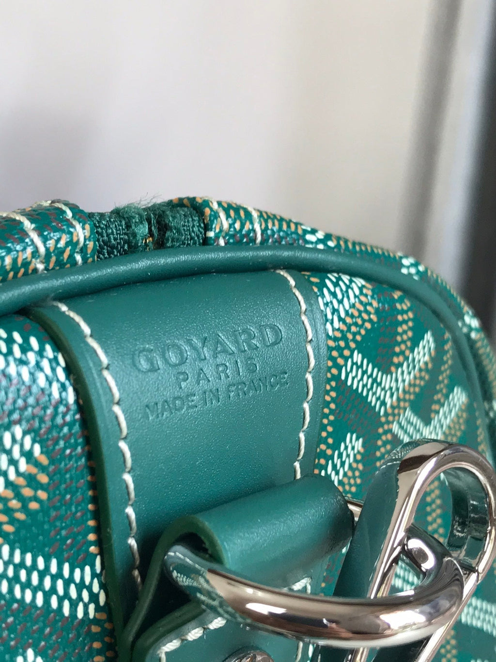 BOSTON 50 BAG IN GREEN GOYARDINE CANVAS AND CALFSKIN TRIM