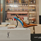 YSL SLINGBACK HIGH HEELS 100 MM IN BROWN CALFSKIN