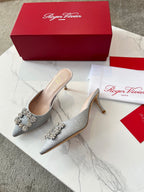 EFFLORESCENCE MULES IN SILVER SATIN EMBELLISHED GLITTER