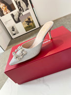 EFFLORESCENCE MULES IN SILVER SATIN EMBELLISHED GLITTER