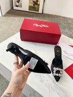 EFFLORESCENCE MULES IN BLACK SATIN