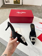 EFFLORESCENCE MULES IN BLACK SATIN
