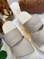 CHLOÉ WOODY WEDGE SANDALS IN DOVE GREY CANVAS WITH WHITE RUBBER SOLE