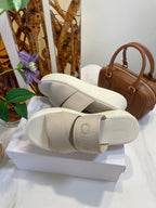 CHLOÉ WOODY WEDGE SANDALS IN DOVE GREY CANVAS WITH WHITE RUBBER SOLE