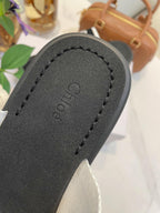 CHLOÉ WOODY WEDGE SANDALS IN BLACK MIX WHITE CANVAS WITH RUBBER SOLE
