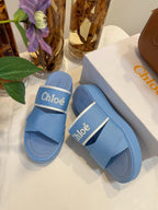 WOODY WEDGE SANDALS IN CERULEAN BLUE CANVAS WITH RUBBER SOLE