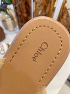 CHLOÉ WOODY WEDGE SANDALS IN WHITE CANVAS WITH CIDER BROWN RUBBER SOLE