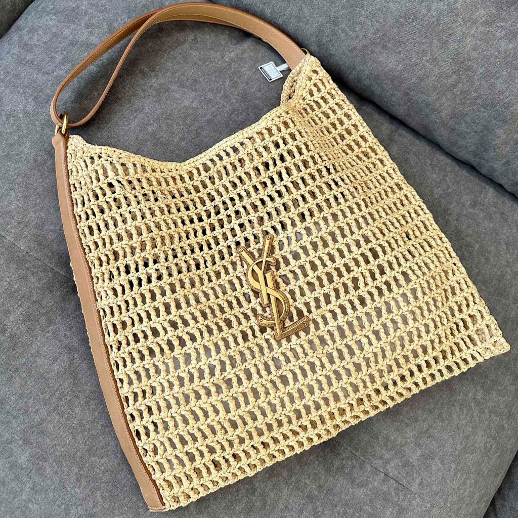 OXALIS 40  IN RAFFIA CROCHET AND LEATHER  BROWN
