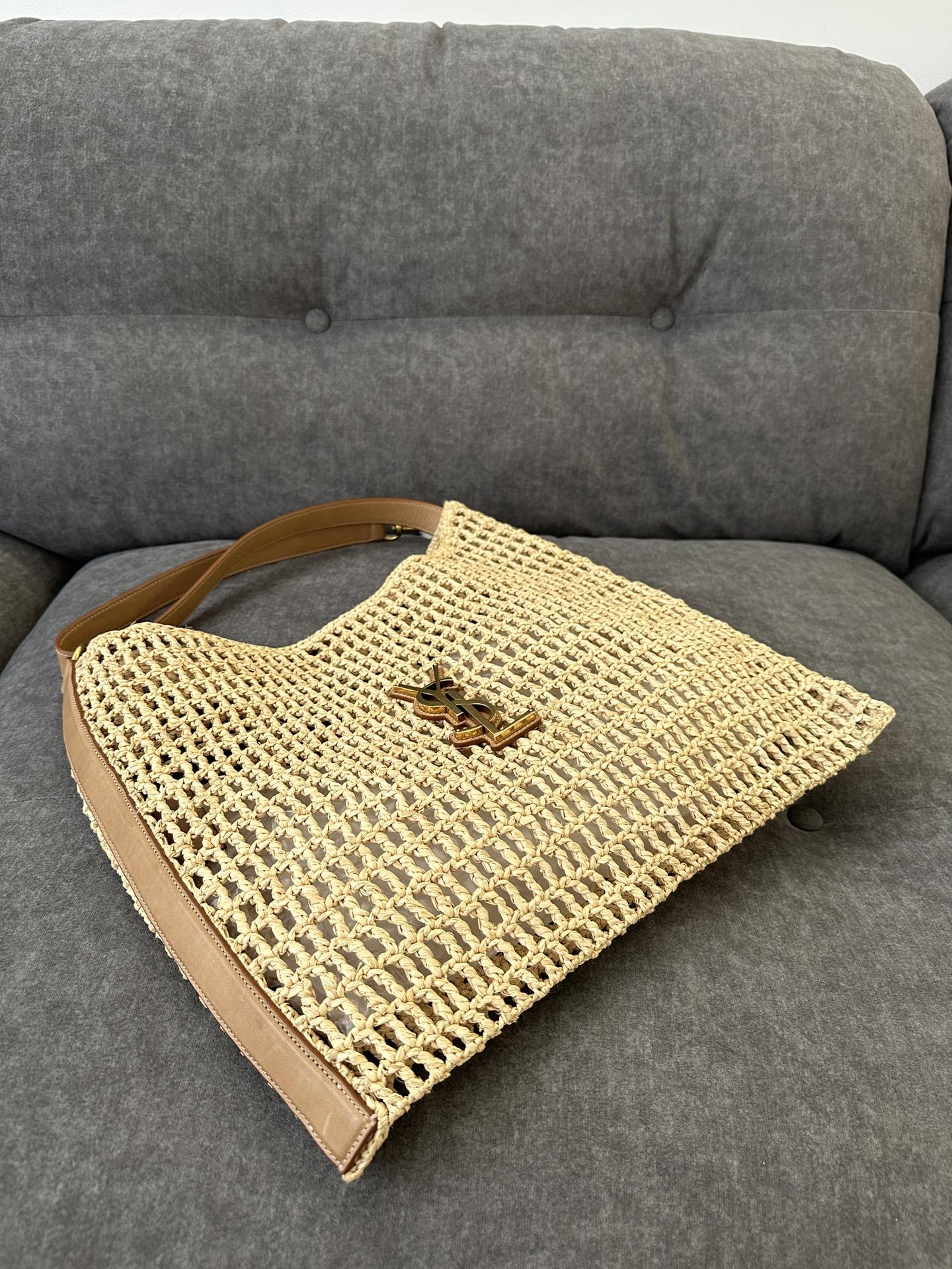 OXALIS 40  IN RAFFIA CROCHET AND LEATHER  BROWN