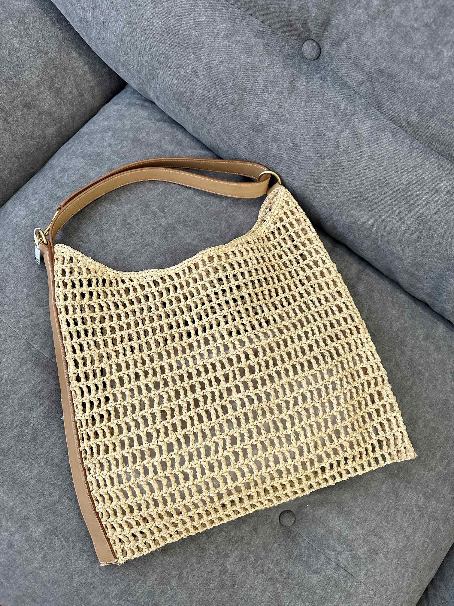 OXALIS 40  IN RAFFIA CROCHET AND LEATHER  BROWN