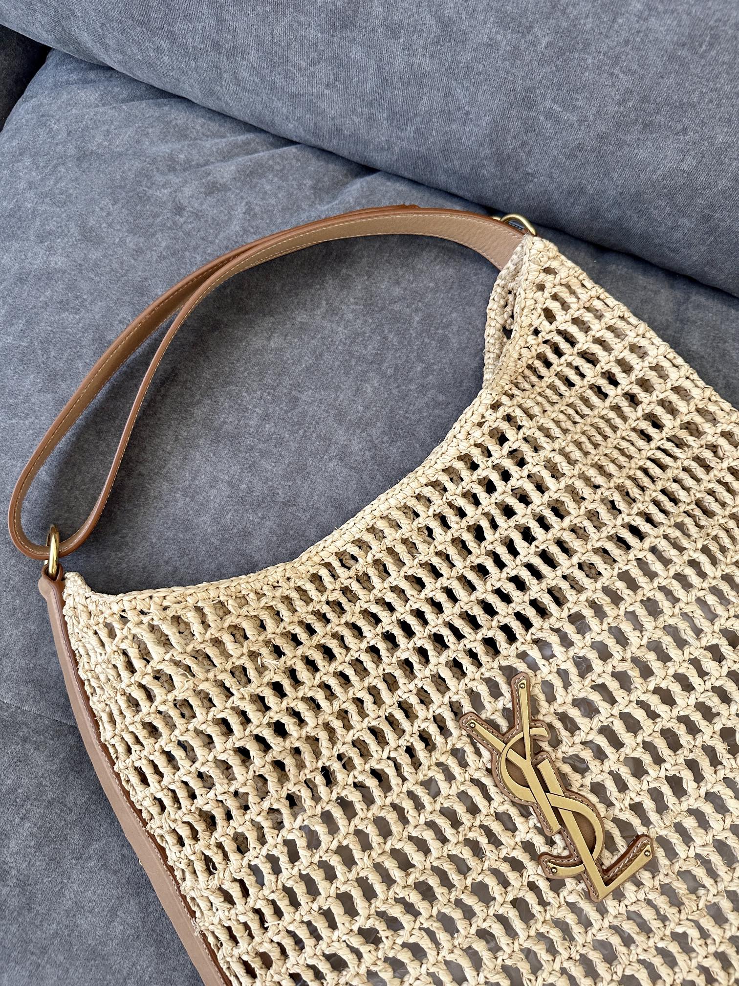 OXALIS 40  IN RAFFIA CROCHET AND LEATHER  BROWN