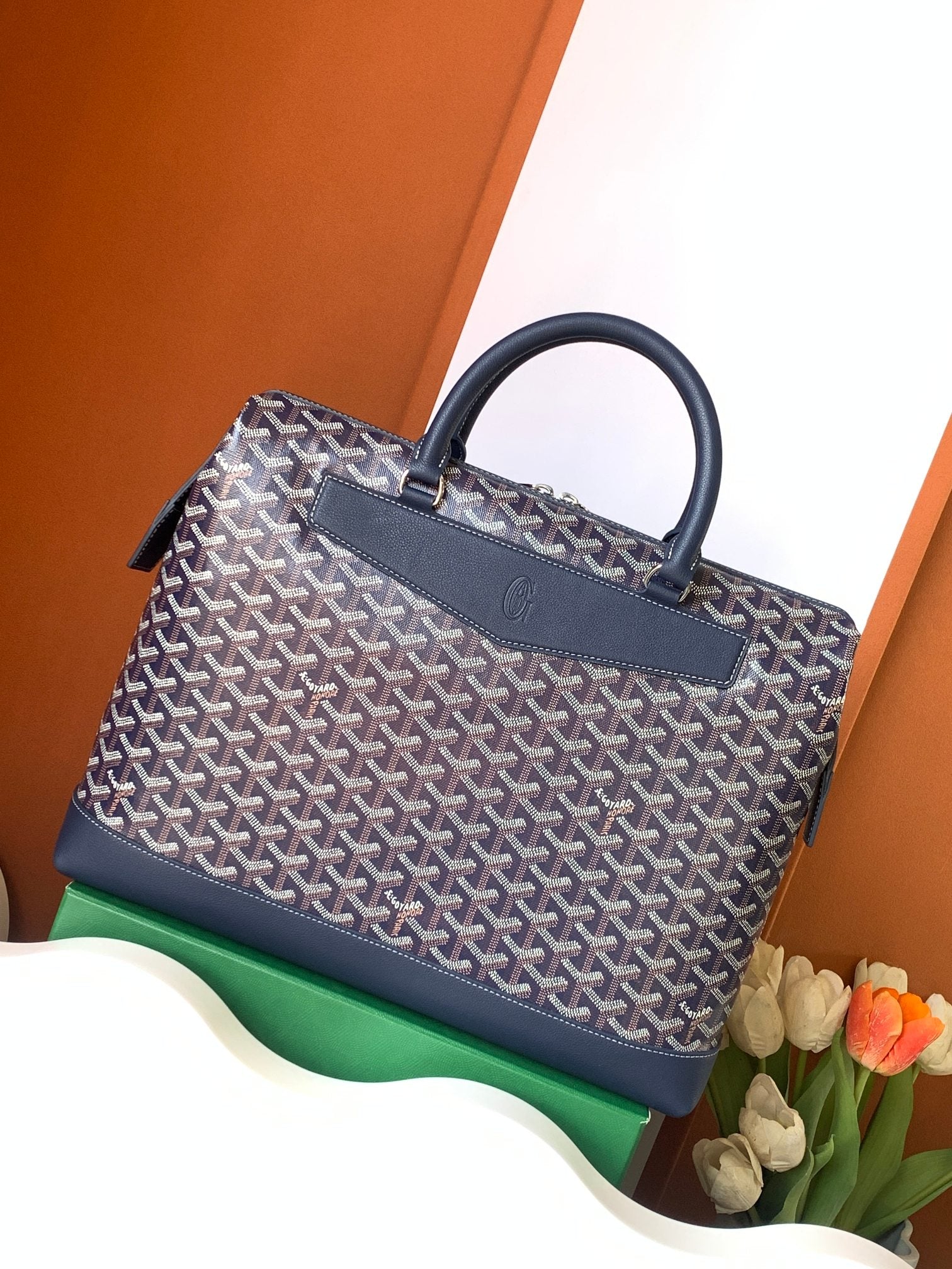 CISALPIN DOCUMENT CASE 39 IN NAVY BLUE GOYARDINE CANVAS AND CALFSKIN