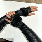 FINGERLESS LONG GLOVES IN BLACK LAMBSKIN WITH RABBIT FUR 465799