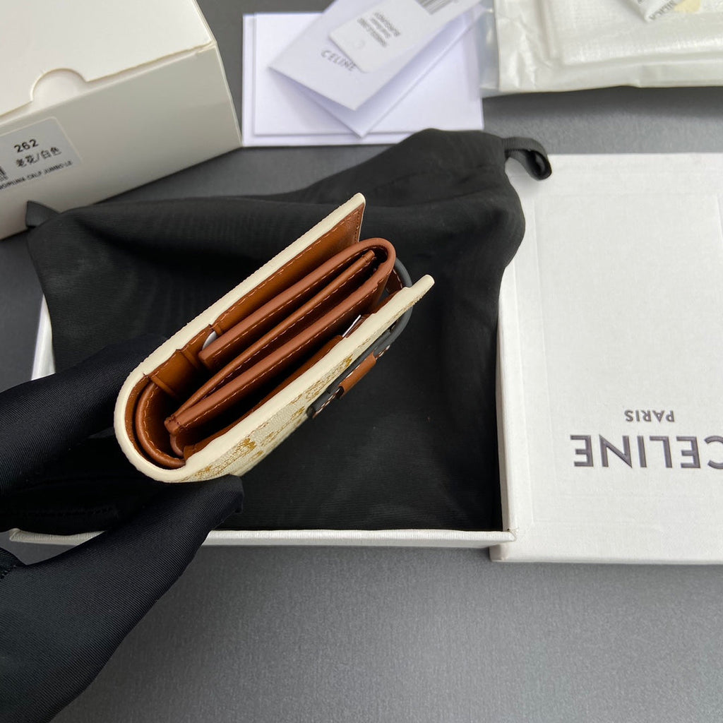 TRIOMPHE Celine Small Strap Wallet Beige Canvas&Cowhile