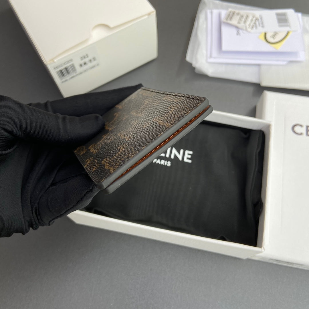 TRIOMPHE Horizontal Card Holder Tan Canvas&Cowhile