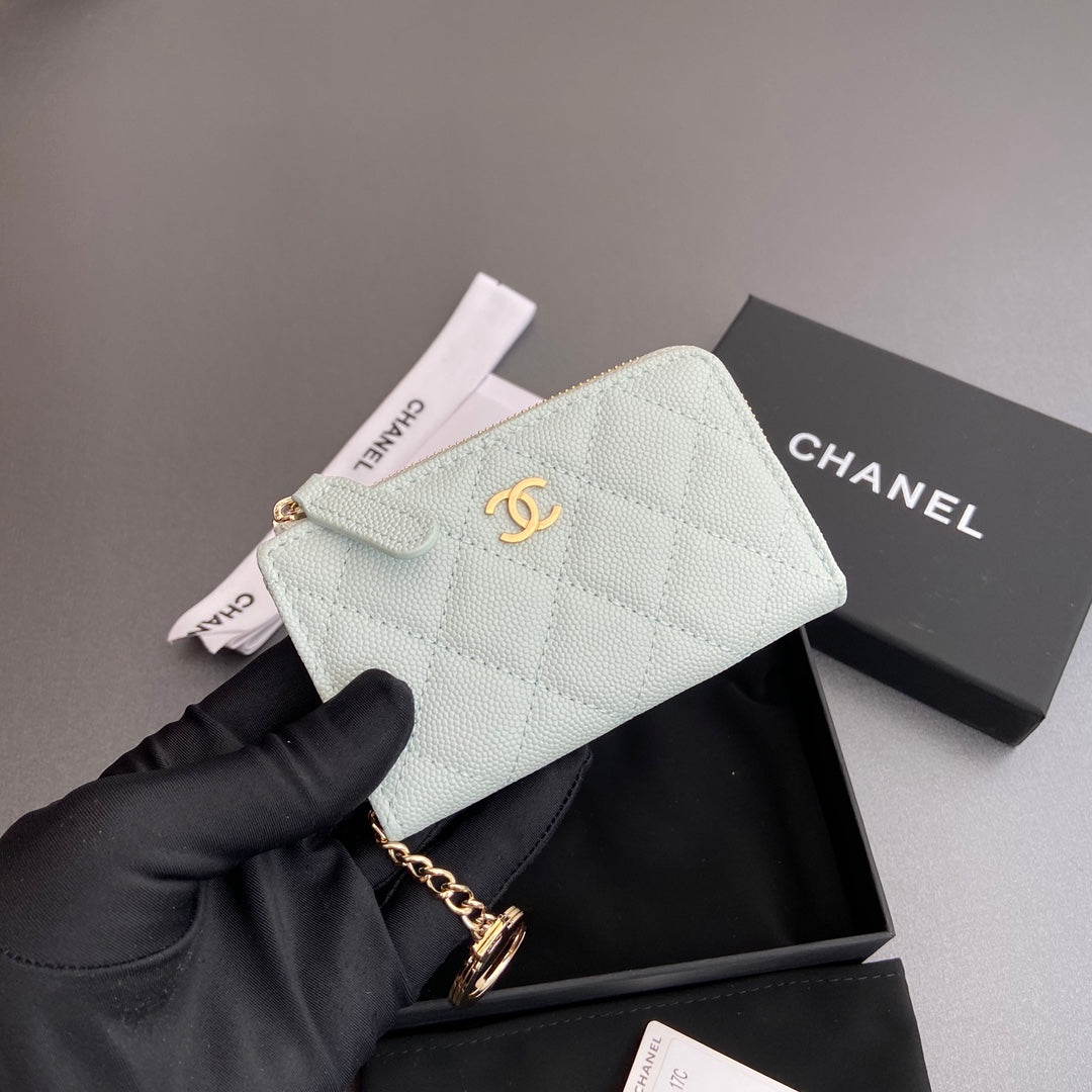 CC Hook & Chain Zipper Card Holder Light Blue Caviar GHW 234723