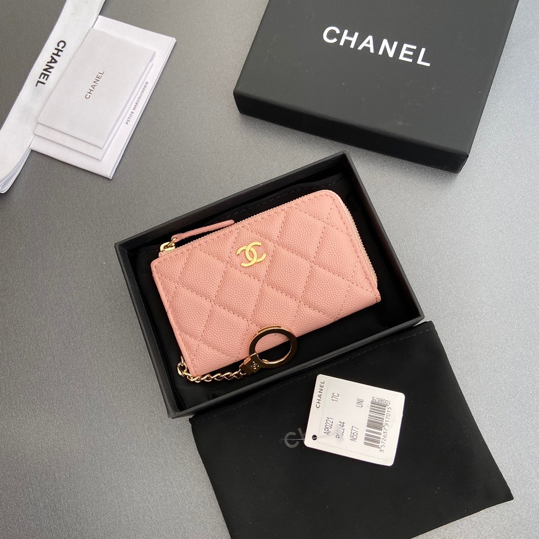 CC Hook & Chain Zipper Card Holder Light Pink Caviar GHW 234725