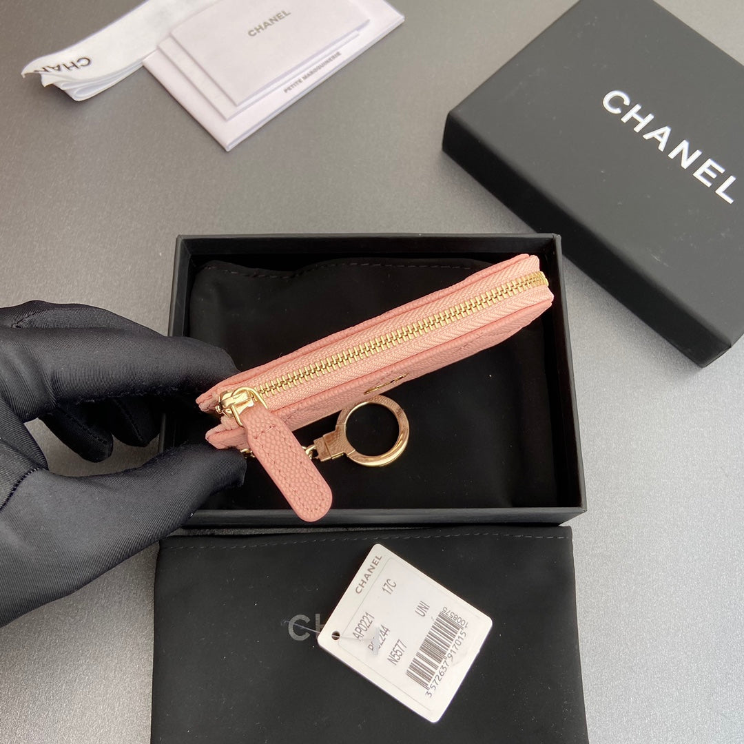 CC Hook & Chain Zipper Card Holder Light Pink Caviar GHW 234725