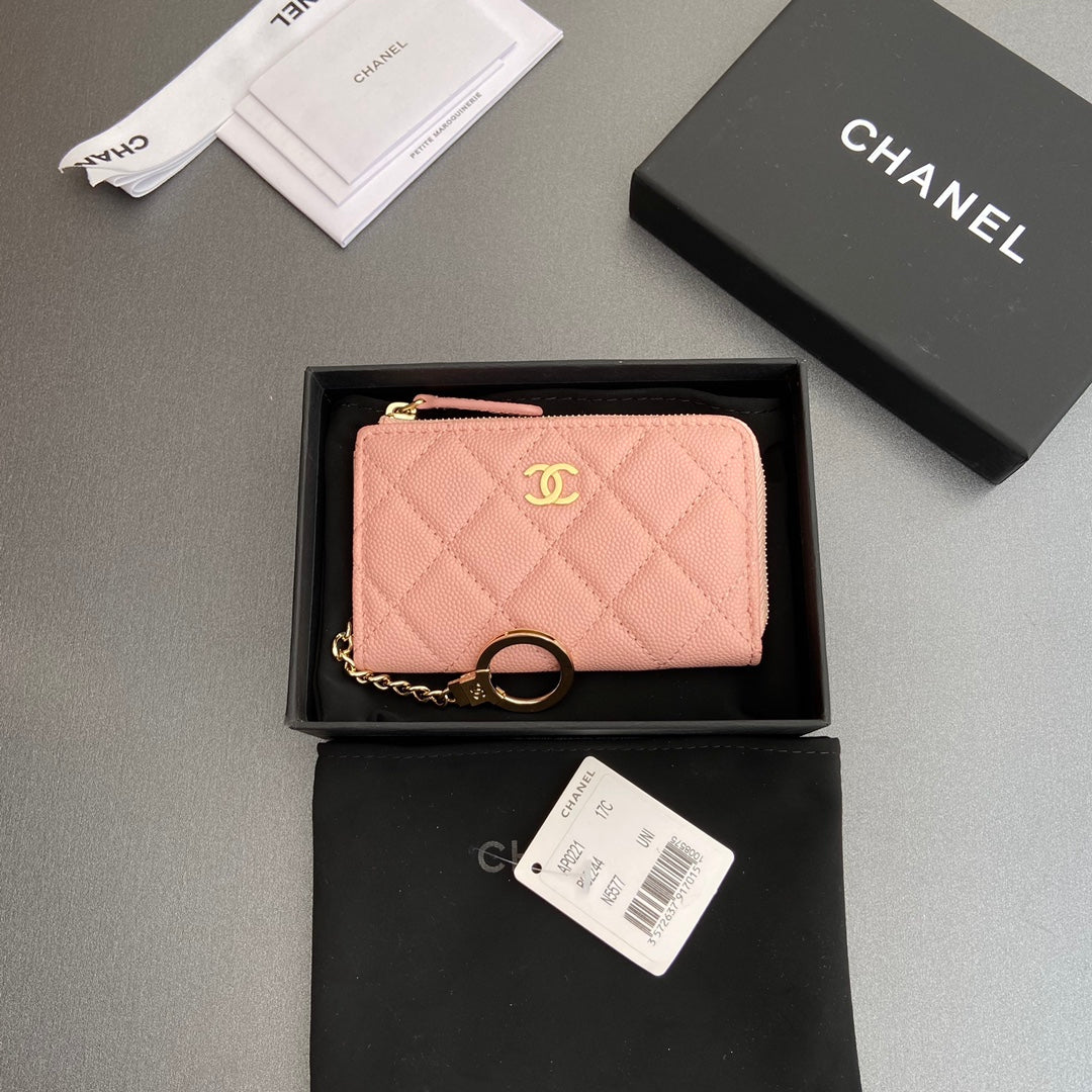 CC Hook & Chain Zipper Card Holder Light Pink Caviar GHW 234725