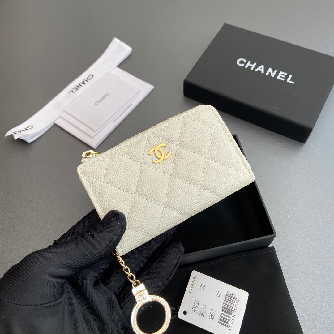 CC Hook & Chain Zipper Card Holder White Caviar GHW 234729