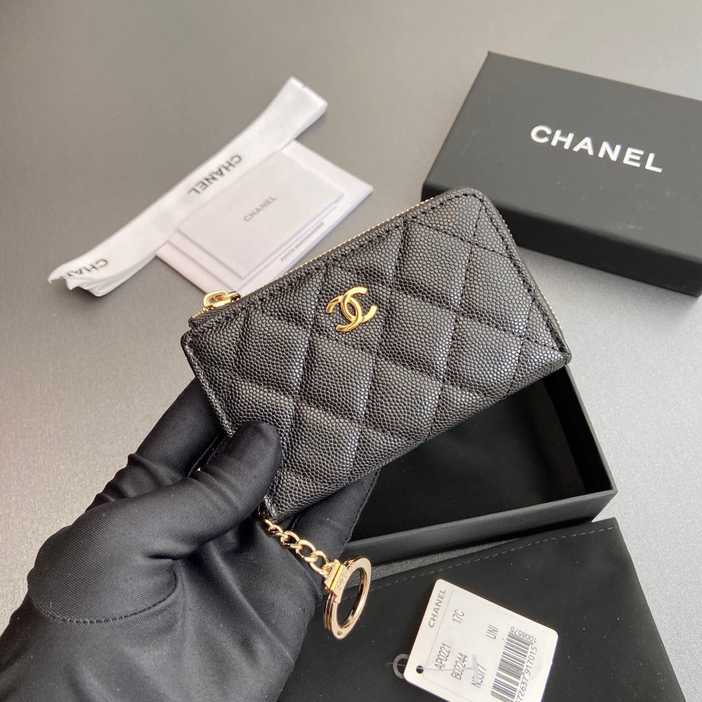 CC Hook & Chain Zipper Card Holder Black Caviar GHW 234733