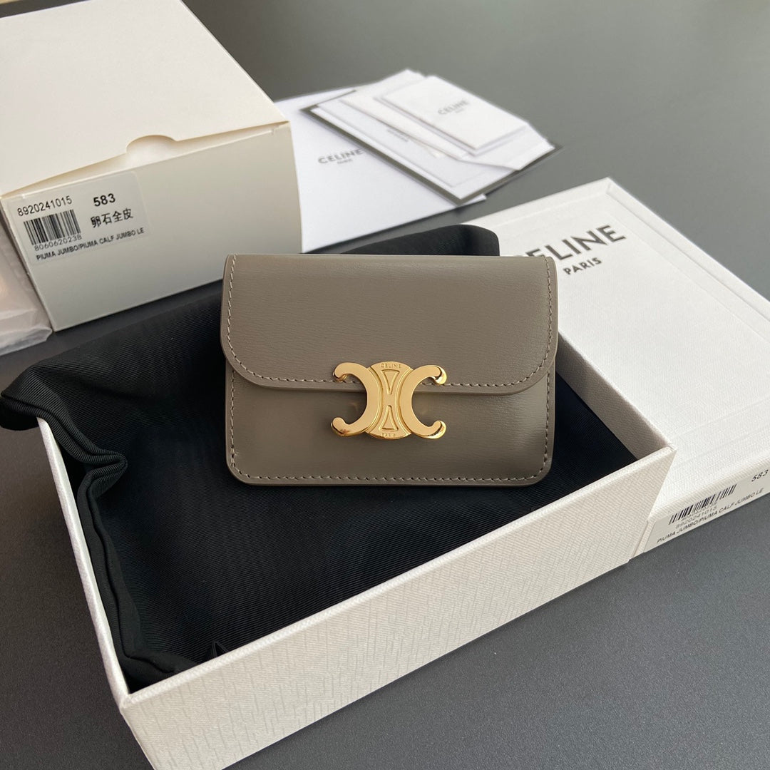 TRIOMPHE 10i583 Flap Card Holder Modern Taupe Shiny Cowhide