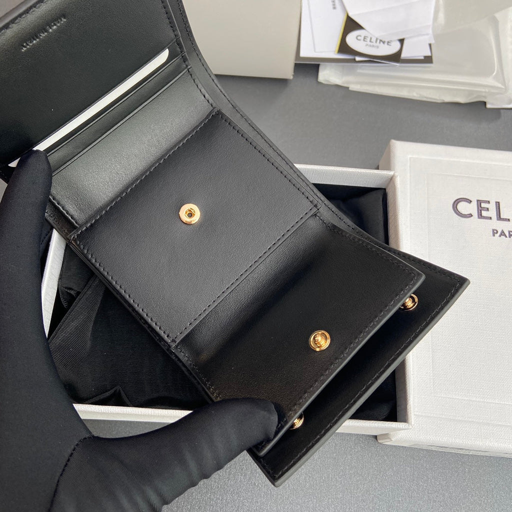 TRIOMPHE Tri-fold Wallet Black Grain Cowhide