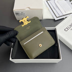 TRIOMPHE 10i583 Flap Card Holder Olive Green Shiny Cowhide