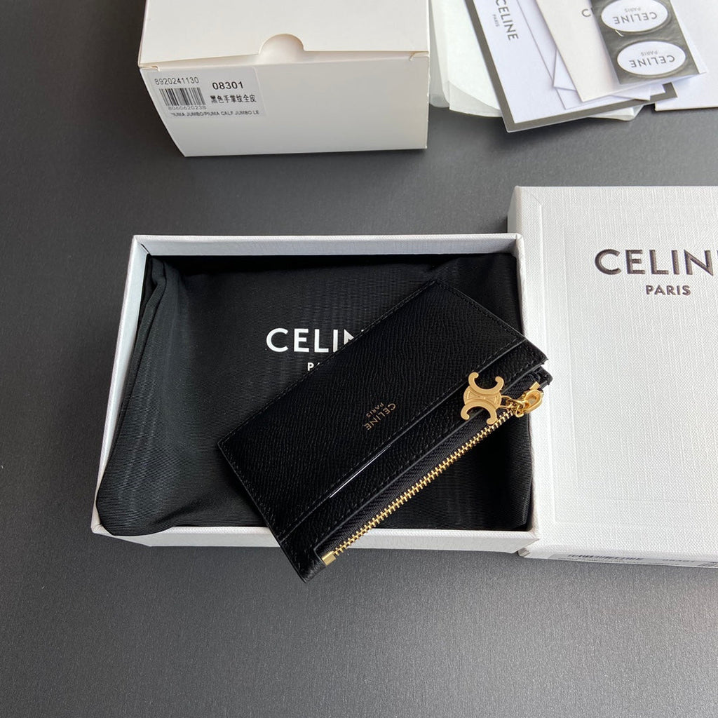 TRIOMPHE Zipped Card Holder Charms Black Grained Cowhide