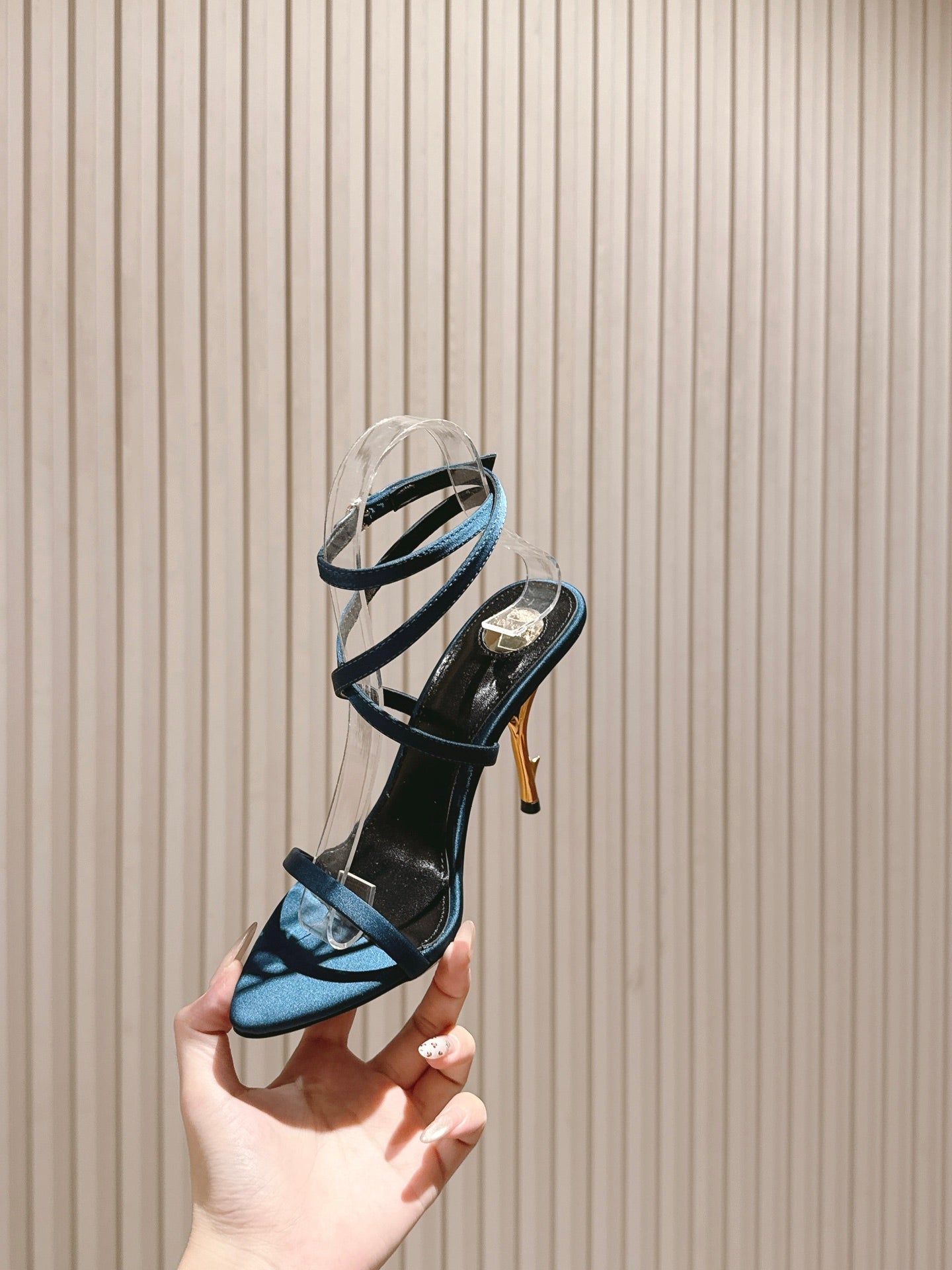 YSL 25S STRAPPY HIGH-HEEL SANDALS 100 MM IN MIDNIGHT BLUE SATIN