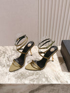 YSL 25S STRAPPY HIGH-HEEL SANDALS 100 MM IN OLIVE GREEN LAMBSKIN