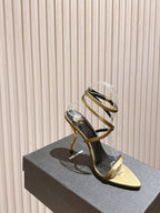 YSL 25S STRAPPY HIGH-HEEL SANDALS 100 MM IN OLIVE GREEN LAMBSKIN