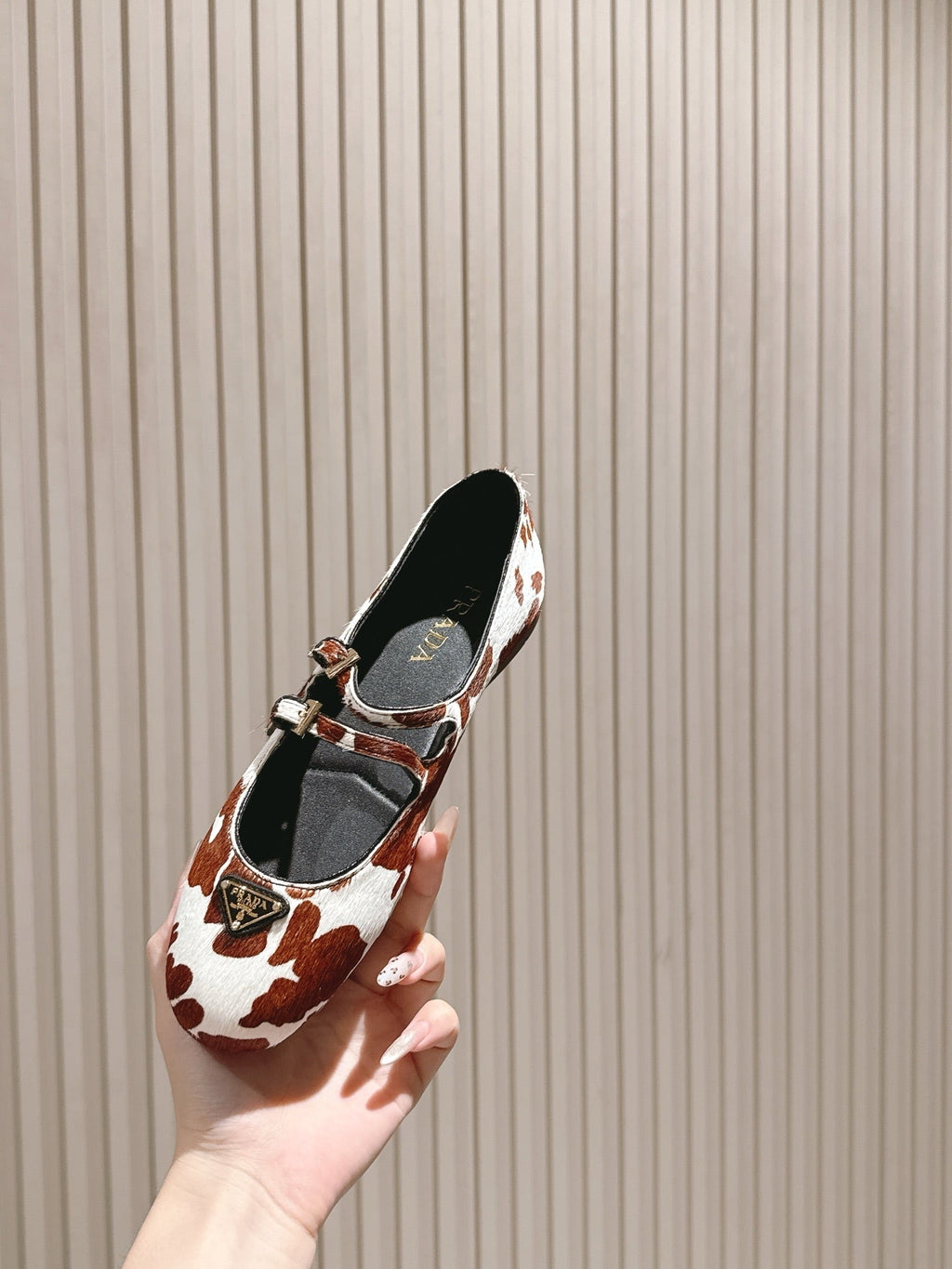 PRADA 25S CRYSTAL EMBELLISHED BALLERINA IN WHITE AND DARK BROWN FUR