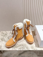 CELINE 25S KURT LACE UP MID BOOT IN MEDIUM ORANGE SUEDE AND SHEARLING
