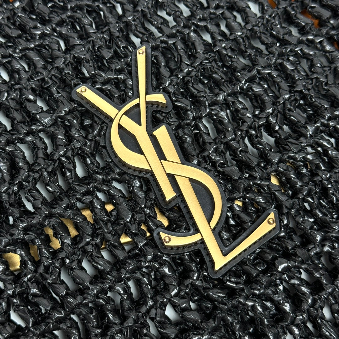 YSL OXALIS 37CM BLACK RAFFIA TAN CALFSKIN