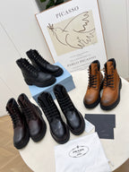 PRADA 25S LACE UP BOOTS BLACK GLOSSY CALFSKIN