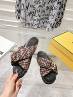 FF KNOT SLIDE SANDALS IN BROWN FABRIC