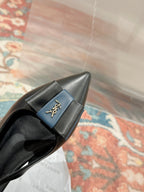 CASSANDRA SLINGBACK FLAT IN BLACK MIX BLUE SMOOTH LAMBSKIN