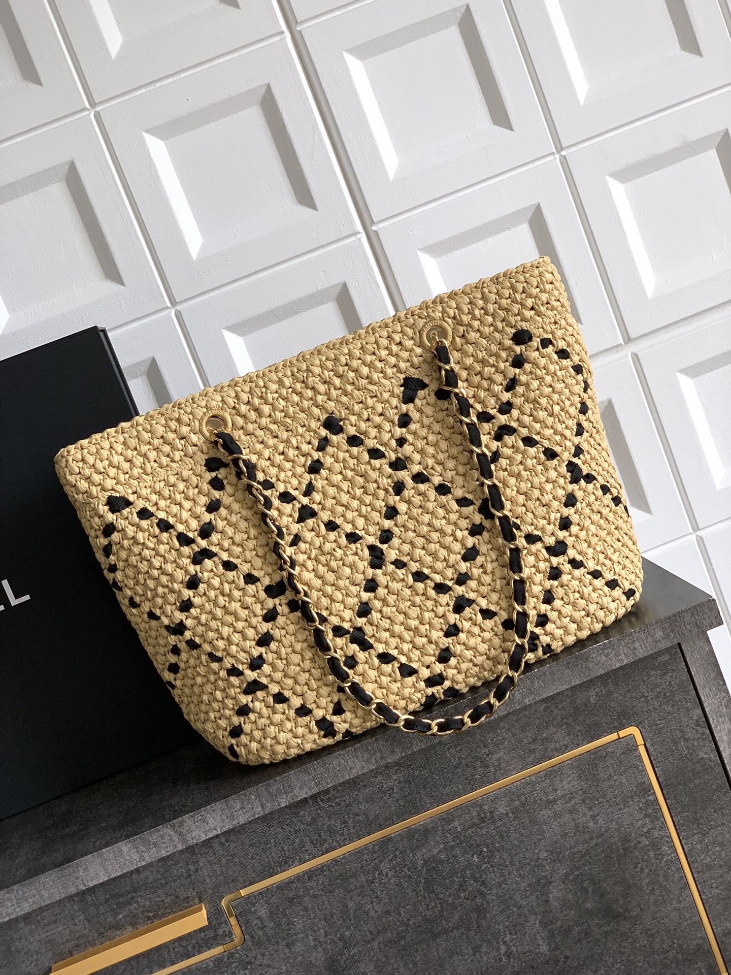 CC Logo Shopper Bag With Chain 23cm Beige Black Raffia GHW