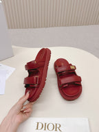 DIOR CLASSIC DOUBLE-STRAP SLIDES 25S IN DARK RED CALFSKIN